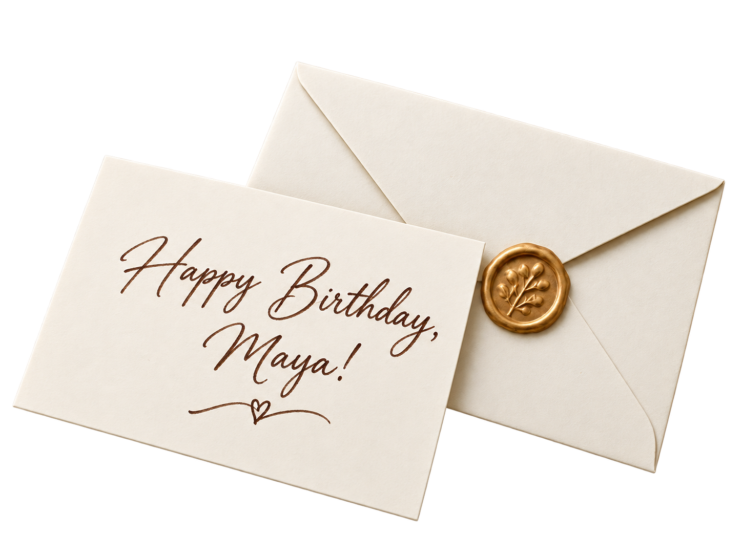 Example handwritten birthday greeting on ivory paper beside a matching envelope with a gold botanical wax seal