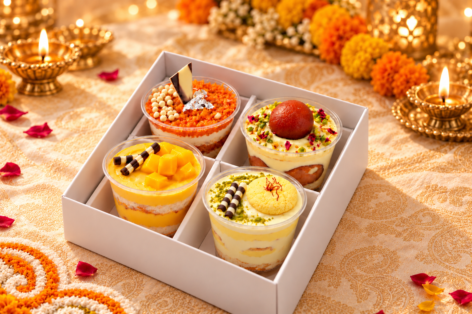 Open plain white box with four dessert cups, styled with brass diyas, marigolds and Indian textiles for Diwali