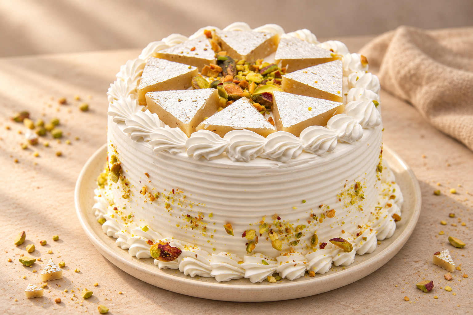 Kaju Katli Cake with silver-topped kaju katli triangles, white cream piping and pistachios
