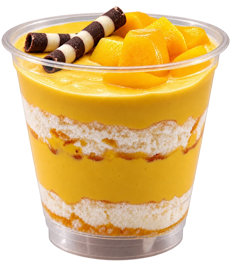 Layered mango dessert cup topped with mango and chocolate