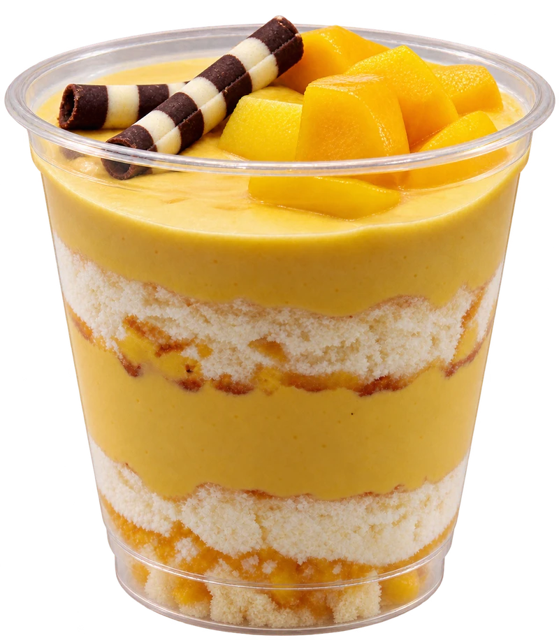 Layered mango dessert cup topped with mango and chocolate