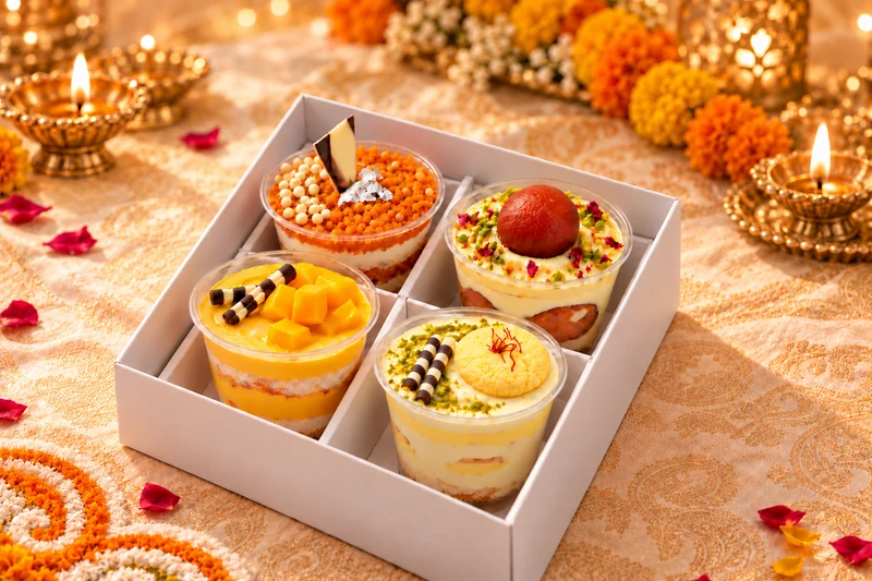 Open plain white box with four dessert cups, styled with brass diyas, marigolds and Indian textiles for Diwali