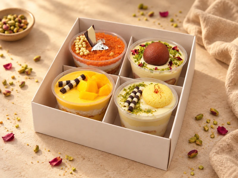 Four dessert cups with reference-matched toppings and layers in an open festive gift box