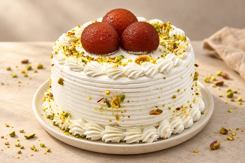 Gulab Jamun Cake with white cream piping, three gulab jamun toppings and pistachios, styled on a cream platter